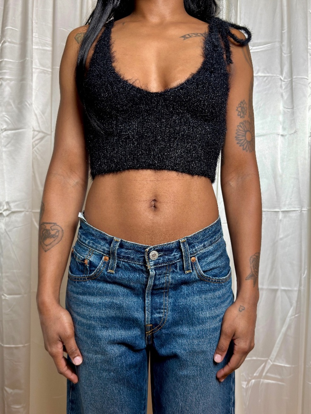 Zara Black Fuzzy Knit Cropped Tank Top with Tie Straps